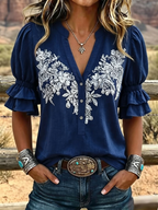 Women's Vintage Art Print Puff Sleeve Casual Shirt