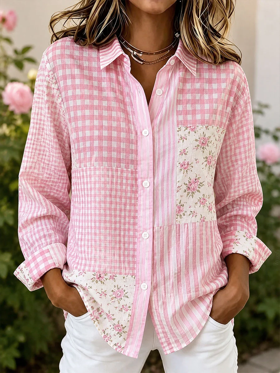 Women'S Pink Floral Patchwork Art Cotton Linen Shirt