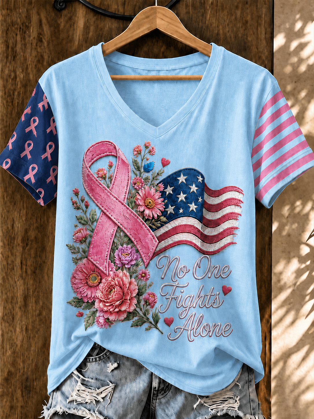 Women'S Flag Breast Cancer Awareness Print Short Sleeve T-Shirt