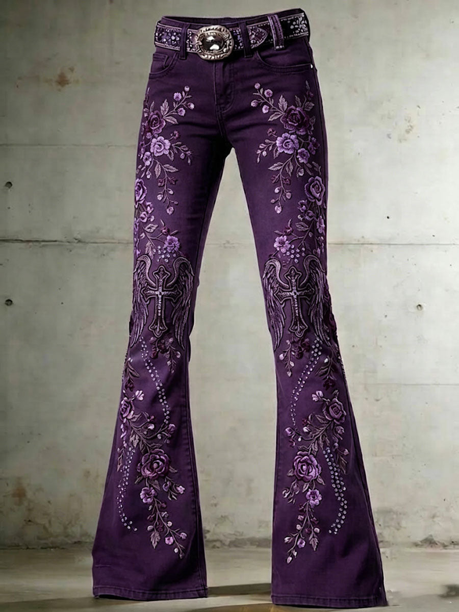 Ladies' Casual Trumpet Pants With Floral Wings And Cross Pattern