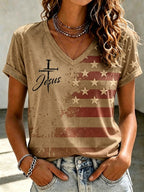 Women's Independence Day Cross Faith V-neck T-shirt