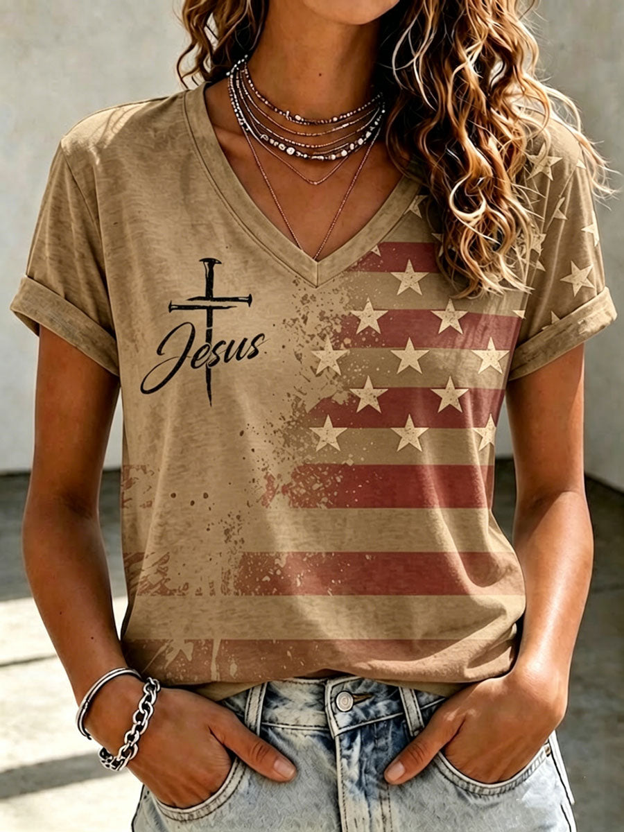 Women's Independence Day Cross Faith V-neck T-shirt