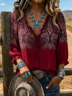 Women's Boho Paisley Ombre Lace Up 3/4 Puff Sleeve Western Blouse