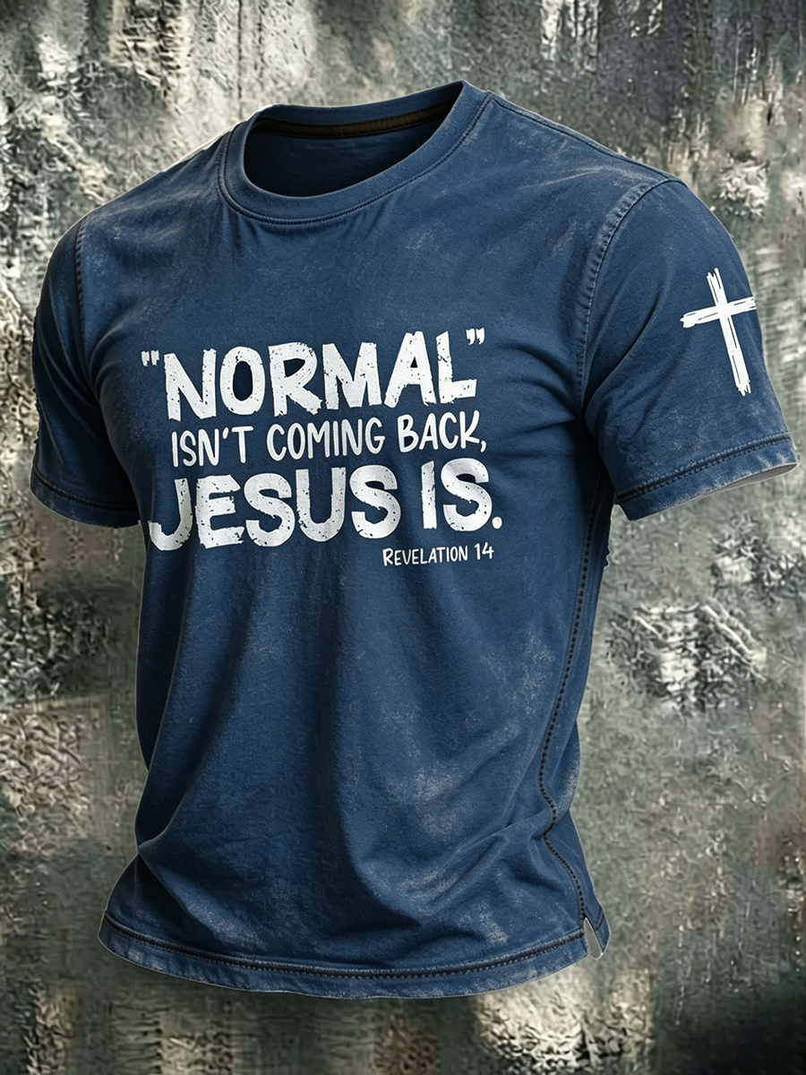Religious Belief Cross Washed Retro Printed Round Neck T-Shirt