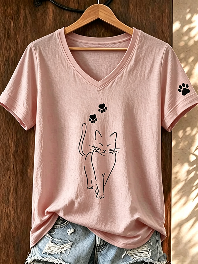 Women'S Cat Printed V-Neck T-Shirt
