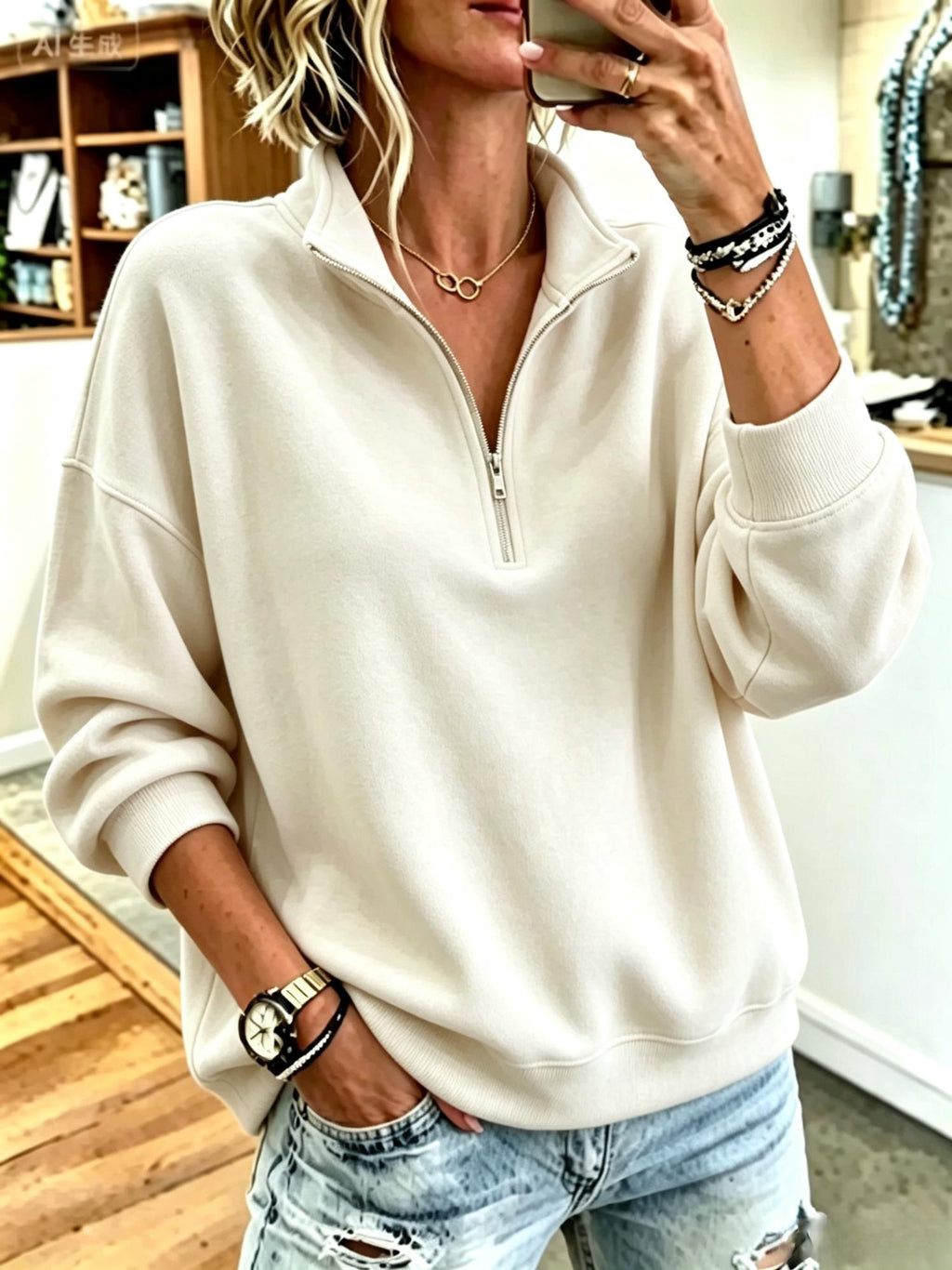 Women's Casual Stand Collar Plain Sweatshirt