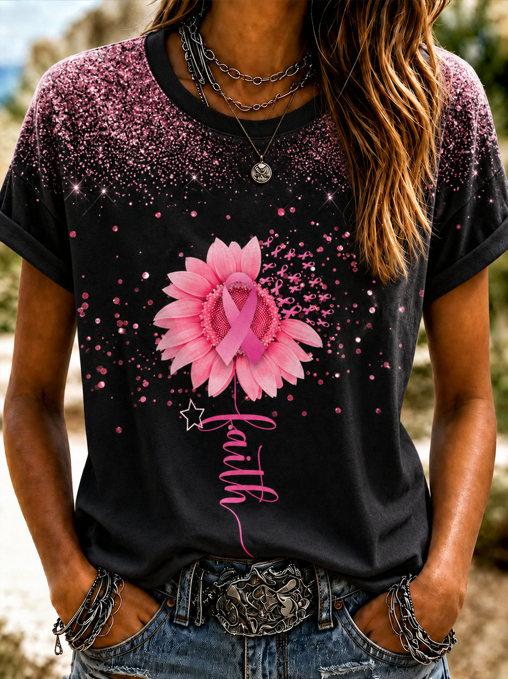 Women'S Breast Cancer Awareness Printing Short Sleeved T-Shirt