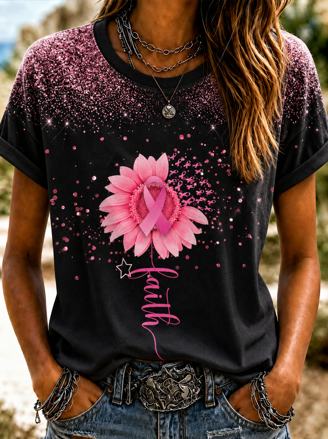Women'S Breast Cancer Awareness Printing Short Sleeved T-Shirt