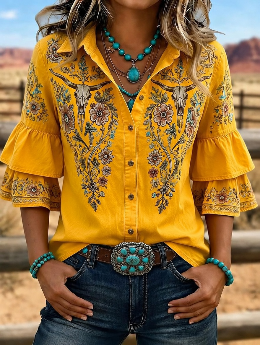 Women's Western Bull Skull Embroidered Ruffle Sleeve Shirt