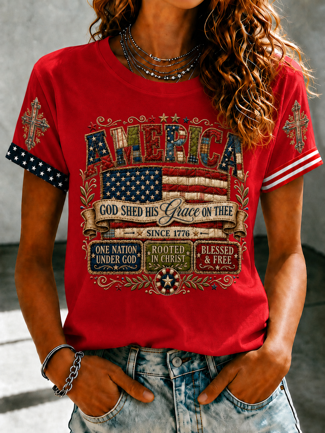 Women'S Retro American Flag Combined With Faith Printed T-Shirt