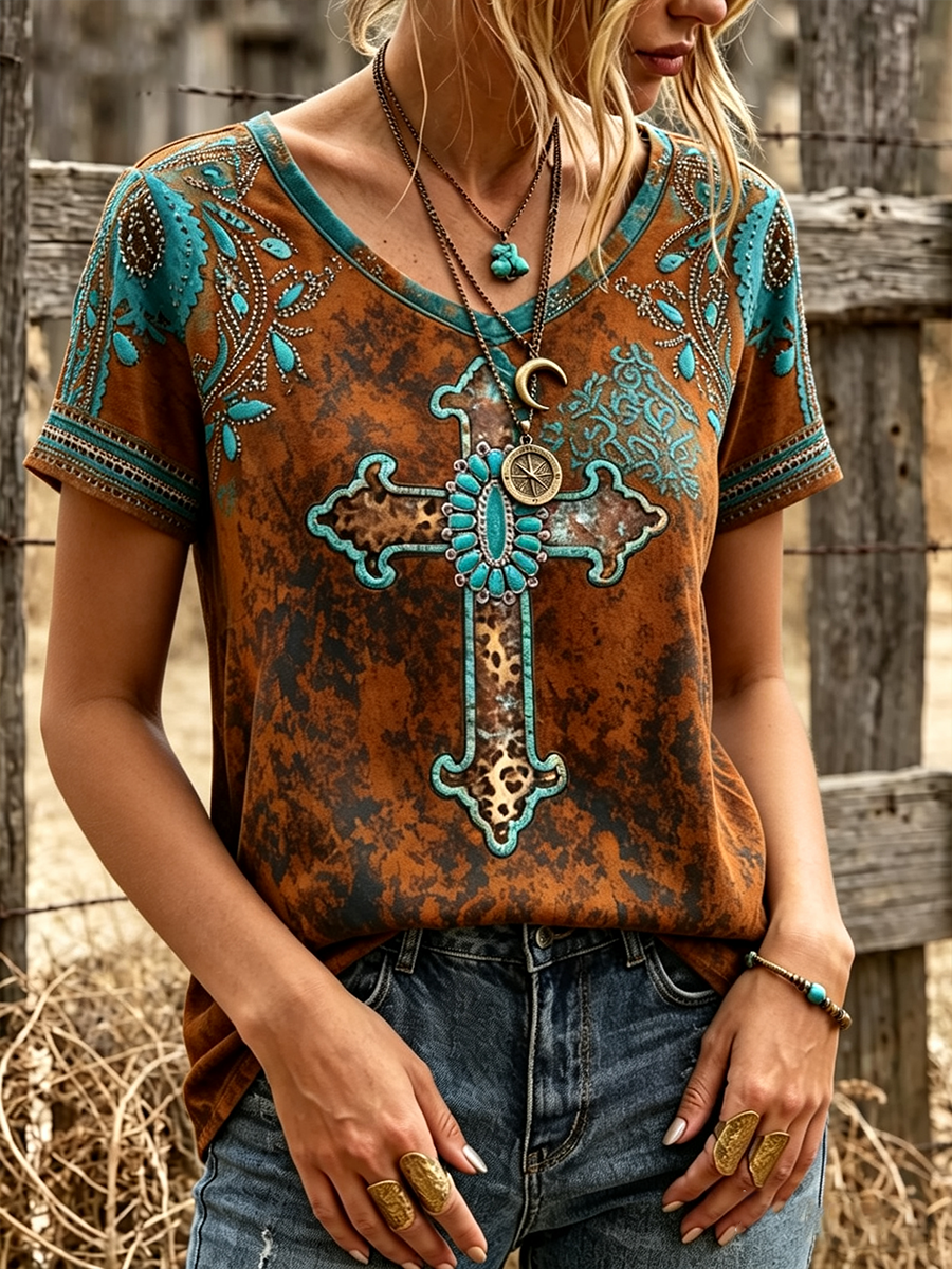 Women's Casual Western Cross V-Neck T-Shirt