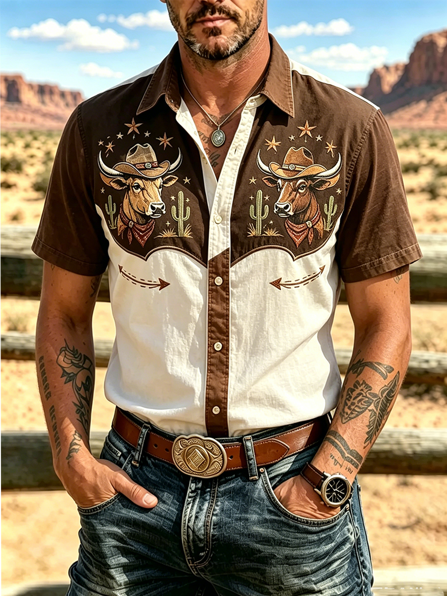 Men'S Western Retro Embroidered Short Sleeved Shirt