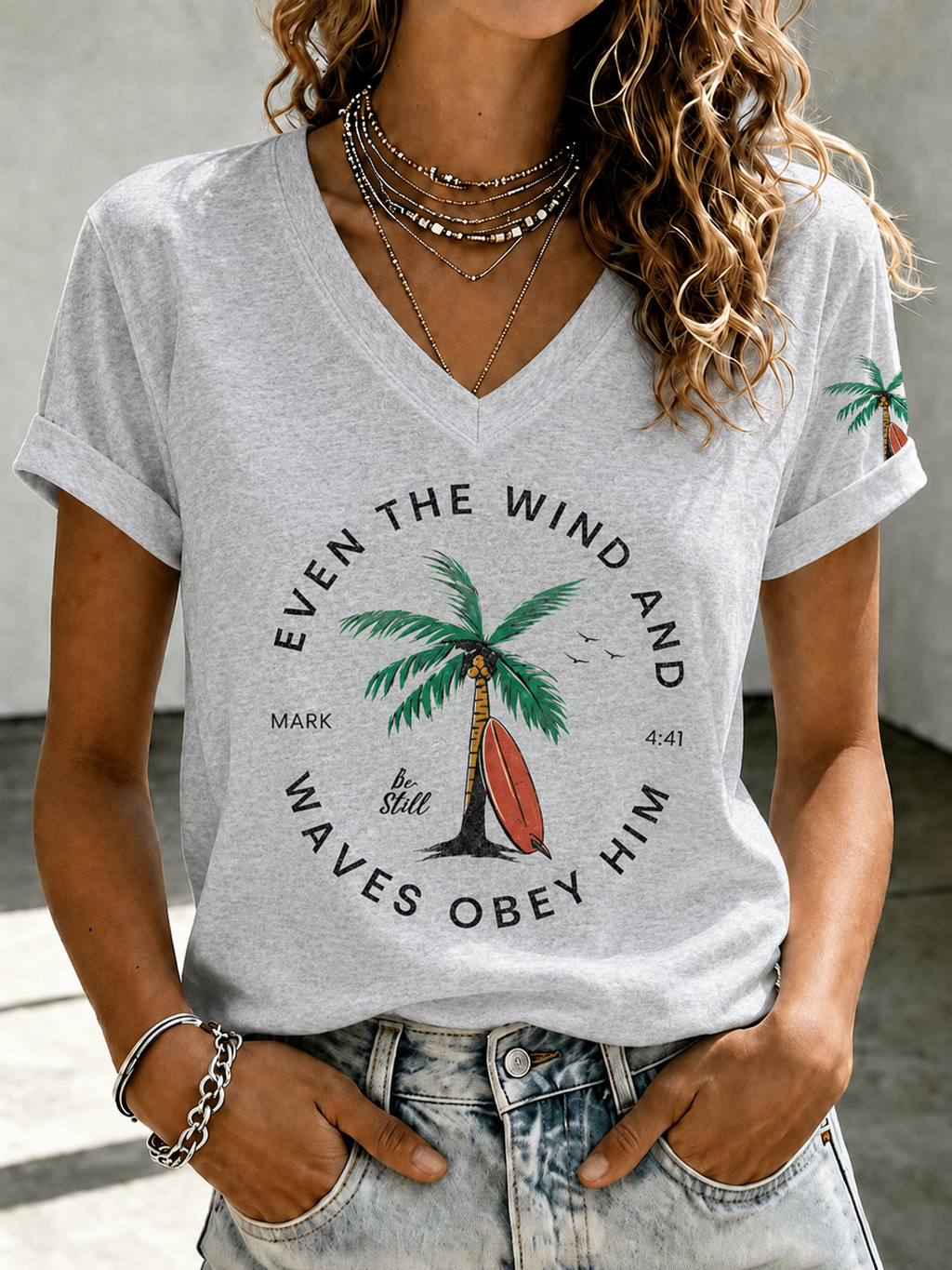 Women'S ���Even The Wind And Waves Obey Him��� Print V-Neck T-Shirt