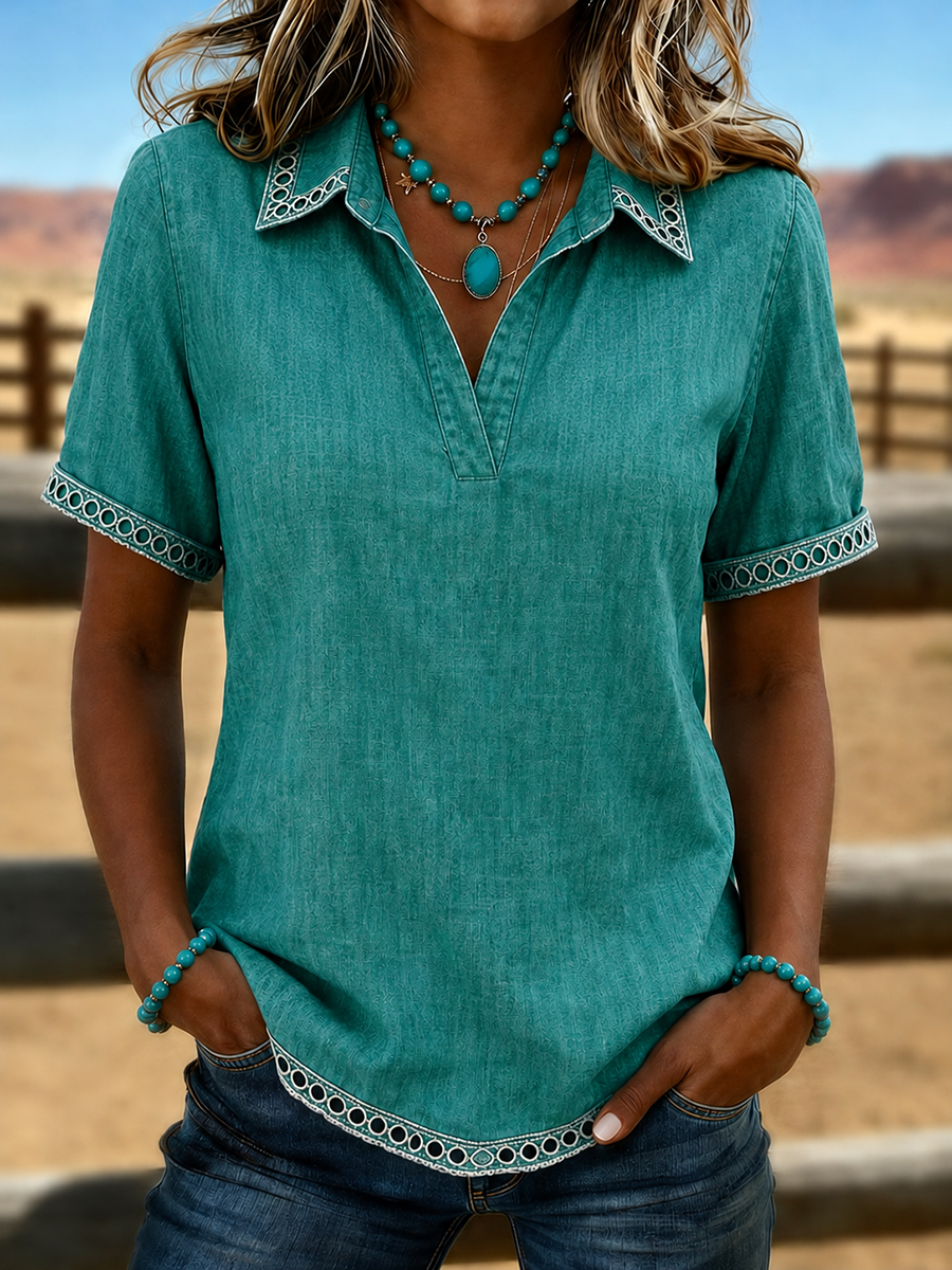 Western Turquoise Lace Trim V-Neck Short Sleeve Blouse