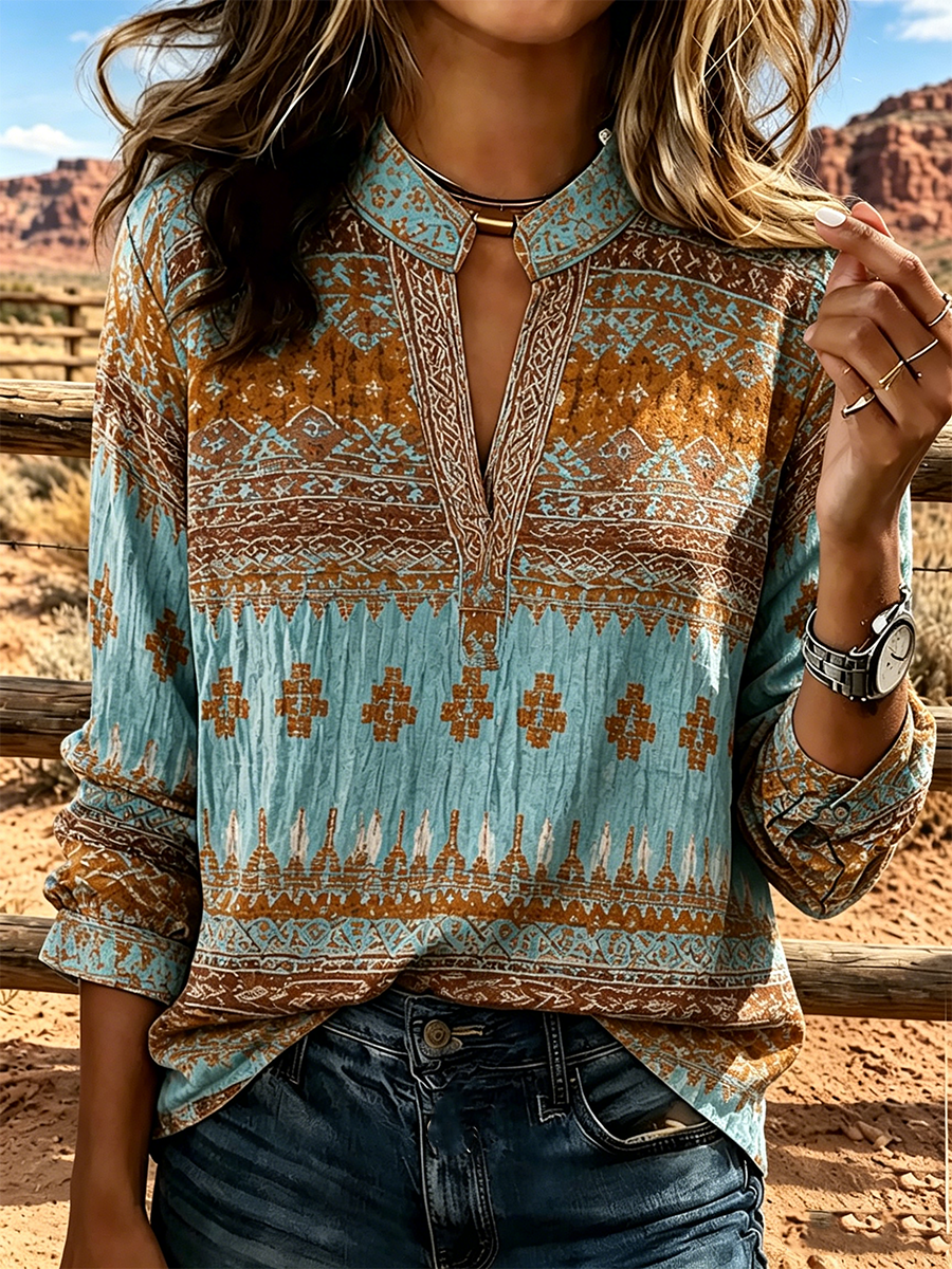 Women'S Western Retro Style Printed Casual Top