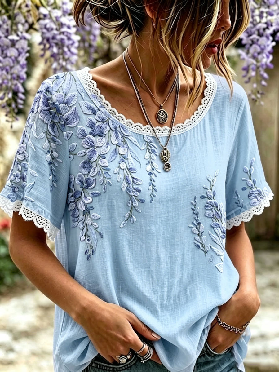 Women'S Floral Cotton Linen Lace Lace Short Sleeved Shirt
