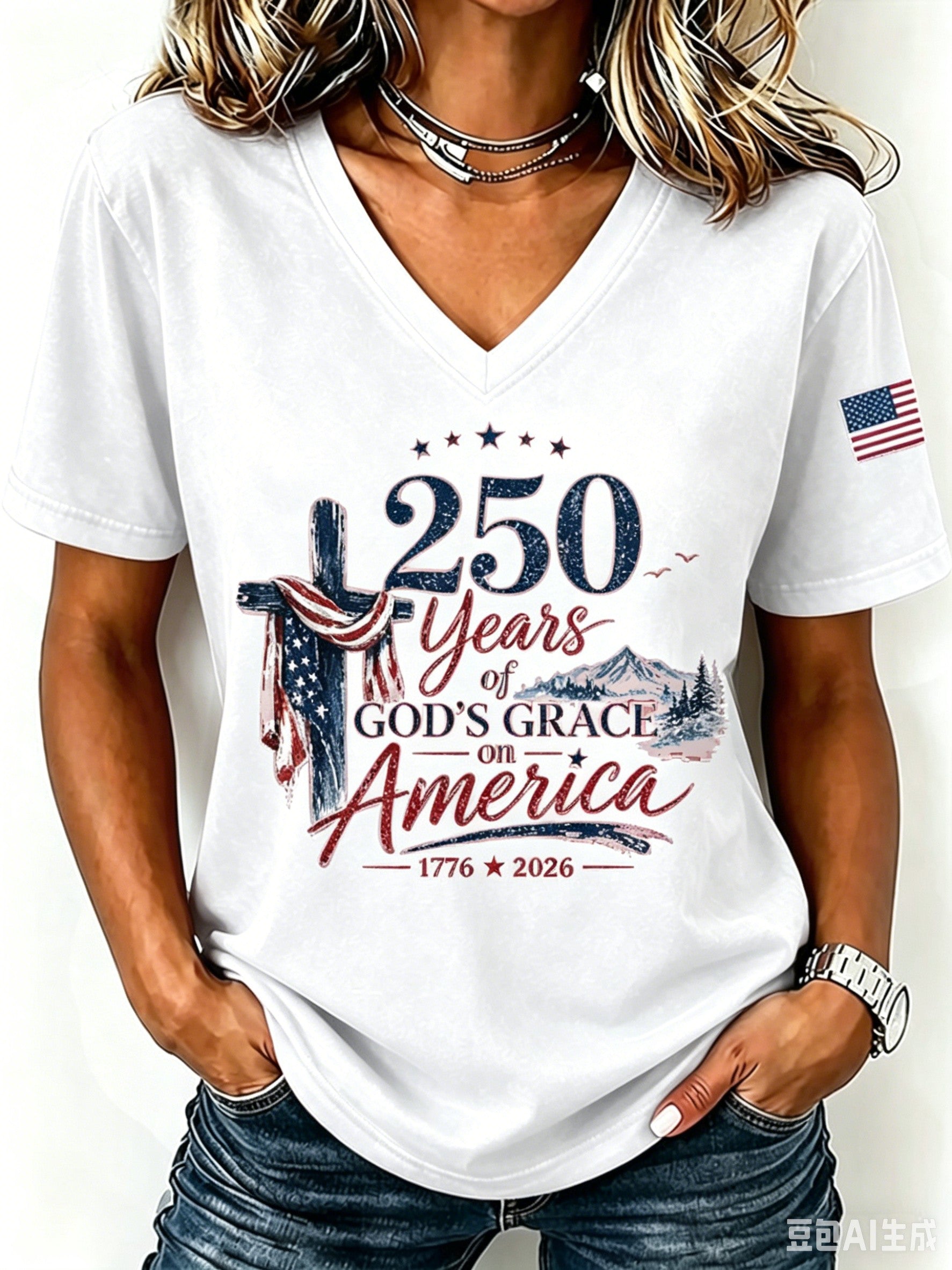 Women'S American Flag Cross Printed Casual V-Neck T-Shirt