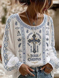 Women's Religious Beliefs Floral Printed Casual Cotton and Linen Top