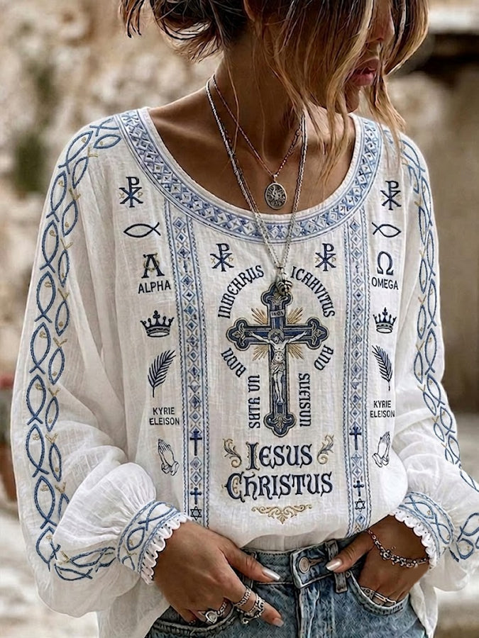 Women's Religious Beliefs Floral Printed Casual Cotton and Linen Top