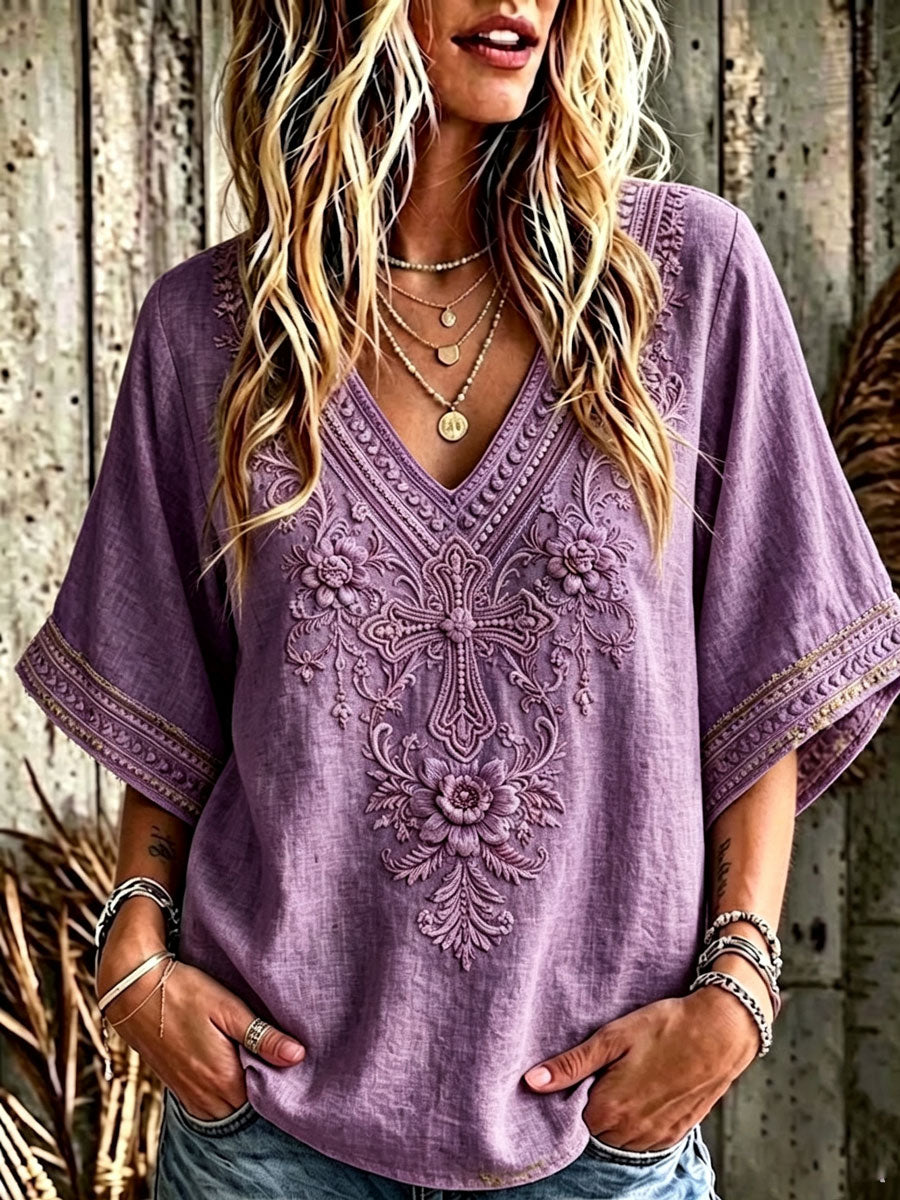 Women'S Cotton And Linen Floral Faith Casual Top