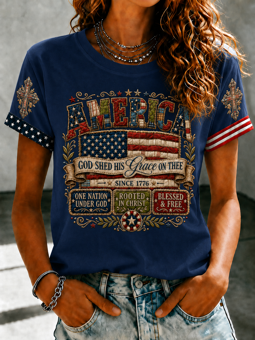 Women'S Retro American Flag Combined With Faith Printed T-Shirt
