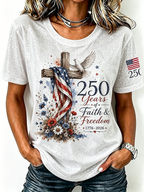 American Flag Cross Jesus Sequin Print Round Neck Top