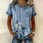 Women'S Casual Denim Patchwork Design With Floral Print Round Neck Short Sleeved T-Shirt