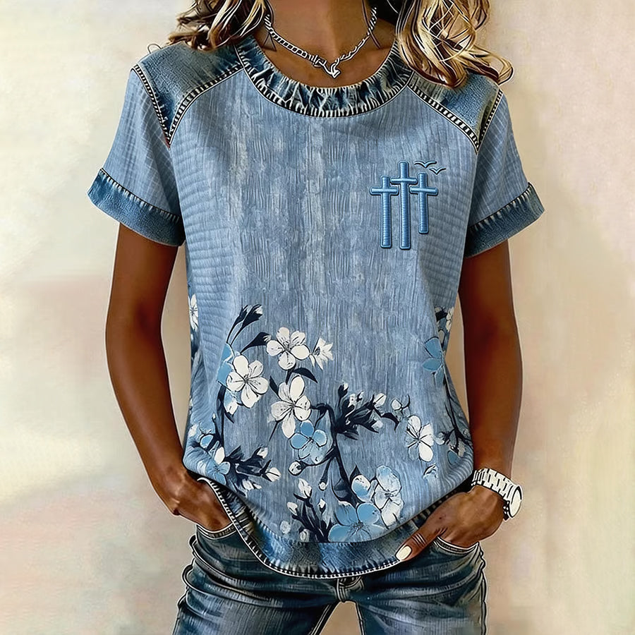 Women'S Casual Denim Patchwork Design With Floral Print Round Neck Short Sleeved T-Shirt
