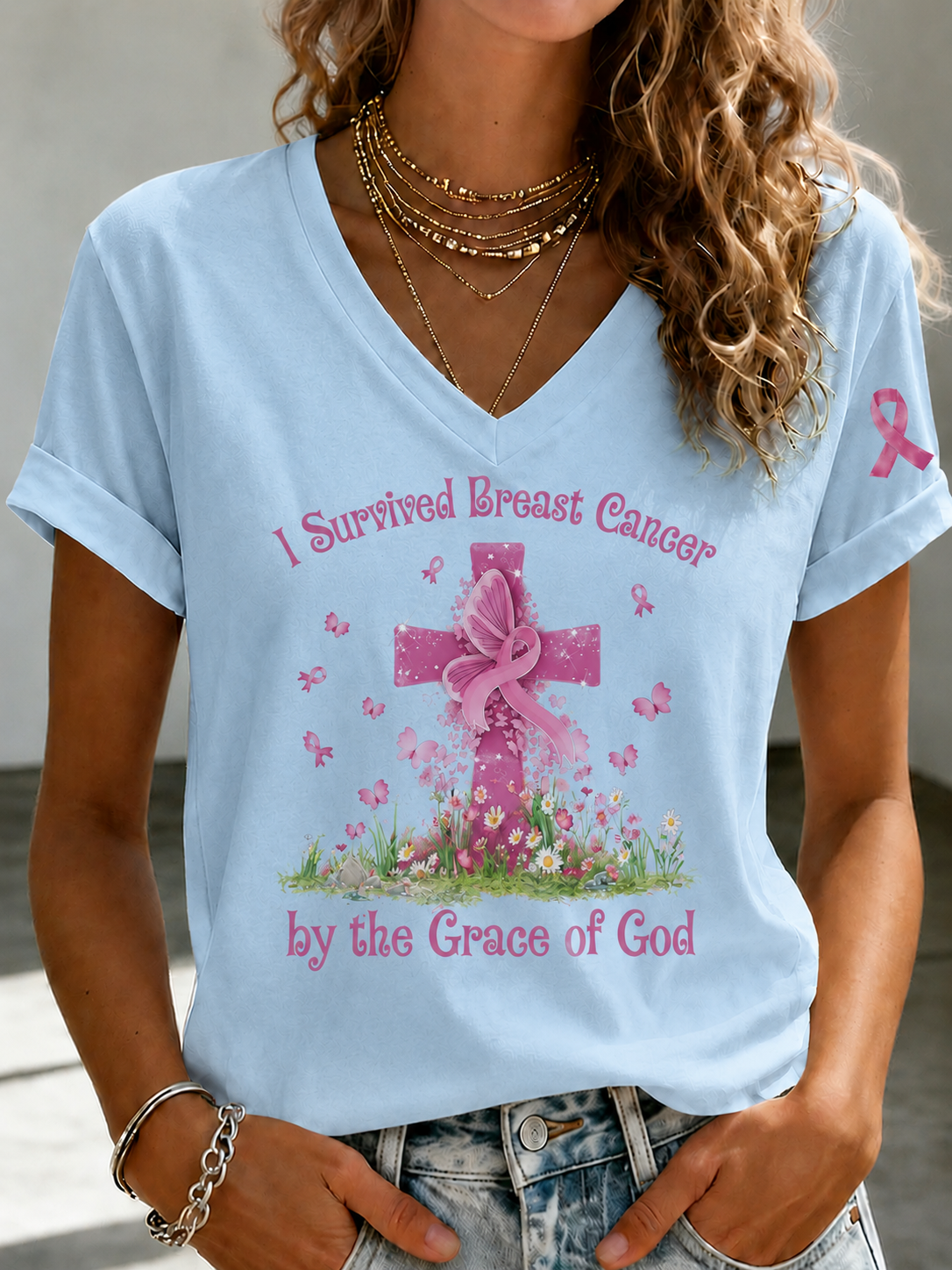 Women'S Faith And Breast Cancer Promotion Printed Short Sleeved T-Shirt