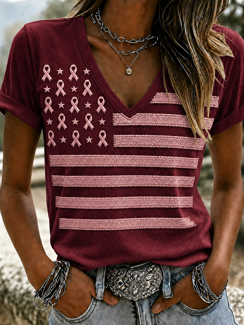 Women'S Flag Breast Cancer Awareness Print Short Sleeve T-Shirt