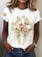 Women'S Casual Floral Print Cross Round Neck Short Sleeved T-Shirt