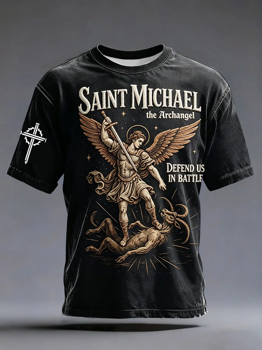 Men'S Faith Saint Michael Defend Us In Battle Printed T-Shirt