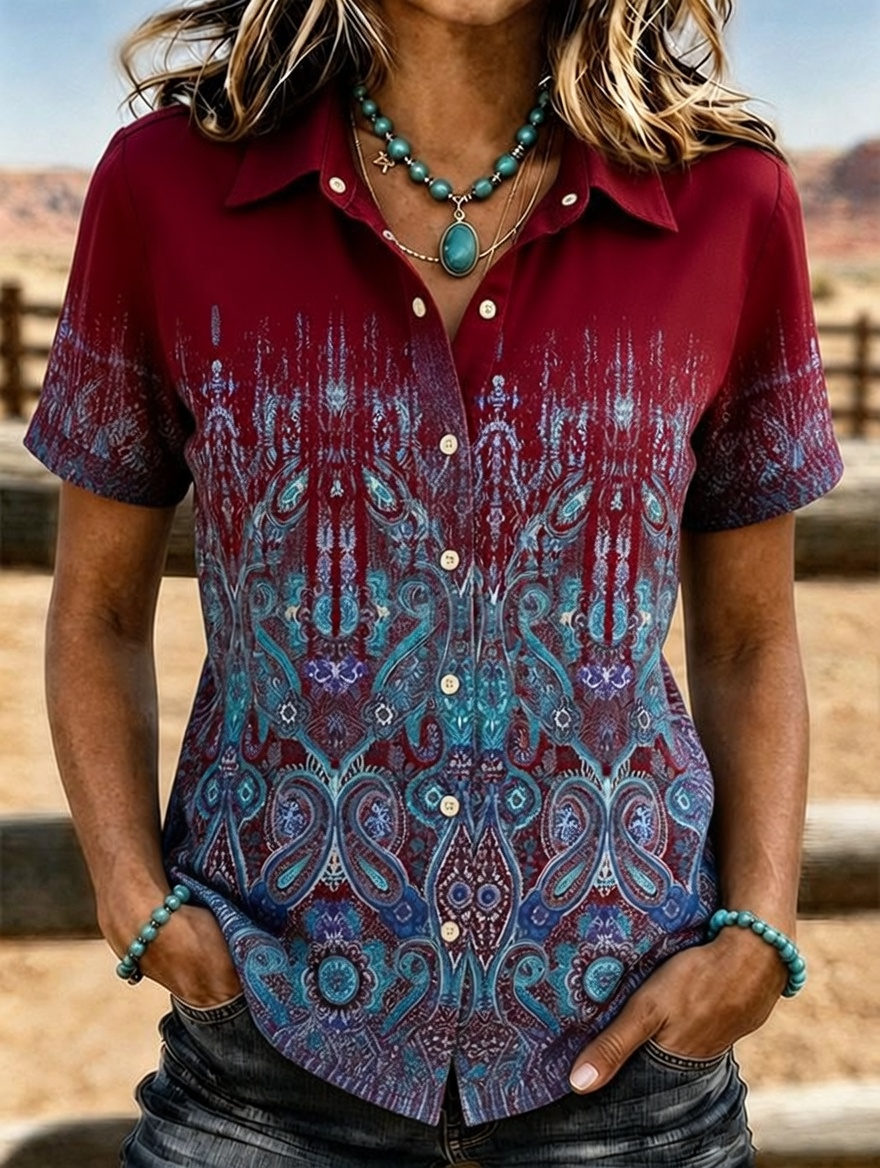 Women's Ombre Paisley Short Sleeve Western Button Down Shirt