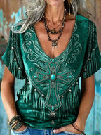 Ladies' Western Style Cotton And Linen Short Sleeved V-Neck Top