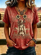 Women'S Western-Style Retro Faith Print V-Neck T-Shirt