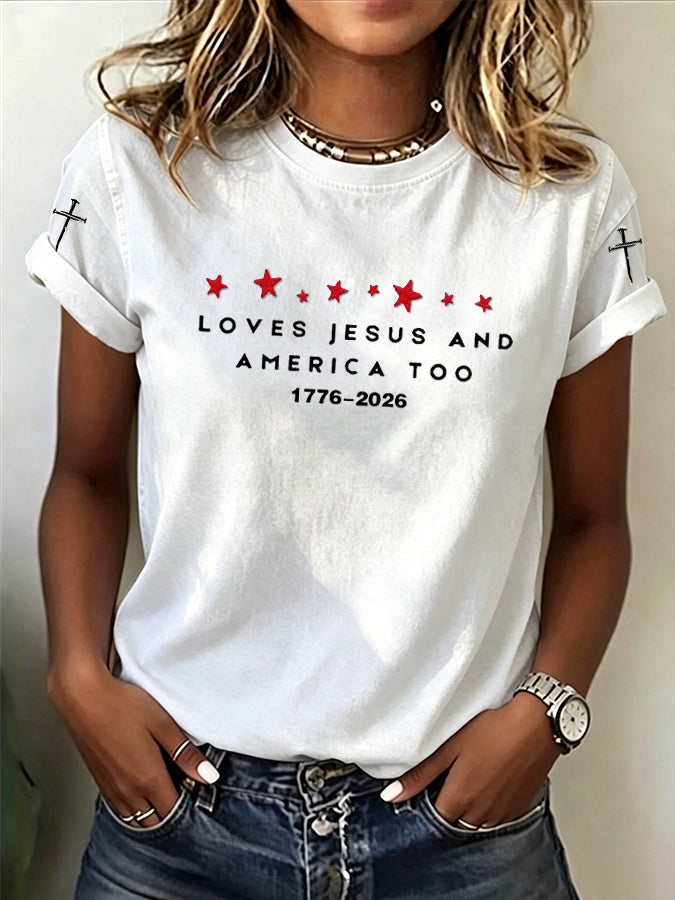 Women'S Loves Jesus And America Too1776-2026 American Flag T-Shirt