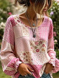 Women'S Cotton And Linen Patchwork Comparison Round Neck Long Sleeved Shirt