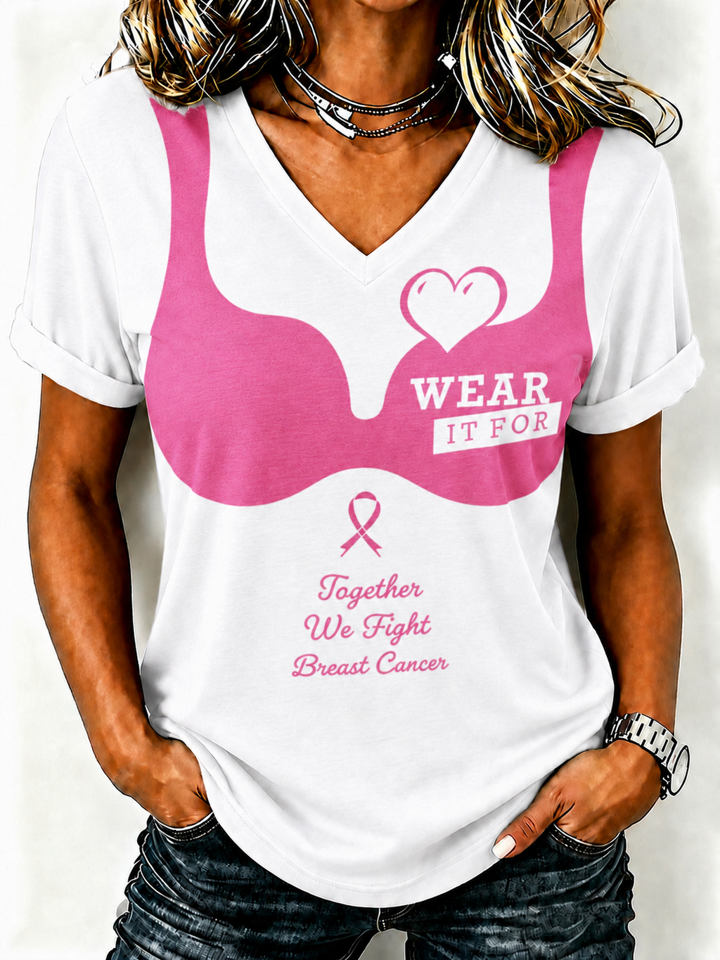 Women'S Breast Cancer Promotional Print Short Sleeved T-Shirt