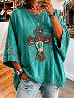 Ladies' Retro Western Style Cross Faith Loose Top