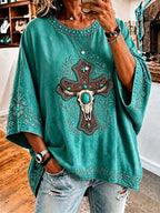 Ladies' Retro Western Style Cross Faith Loose Top