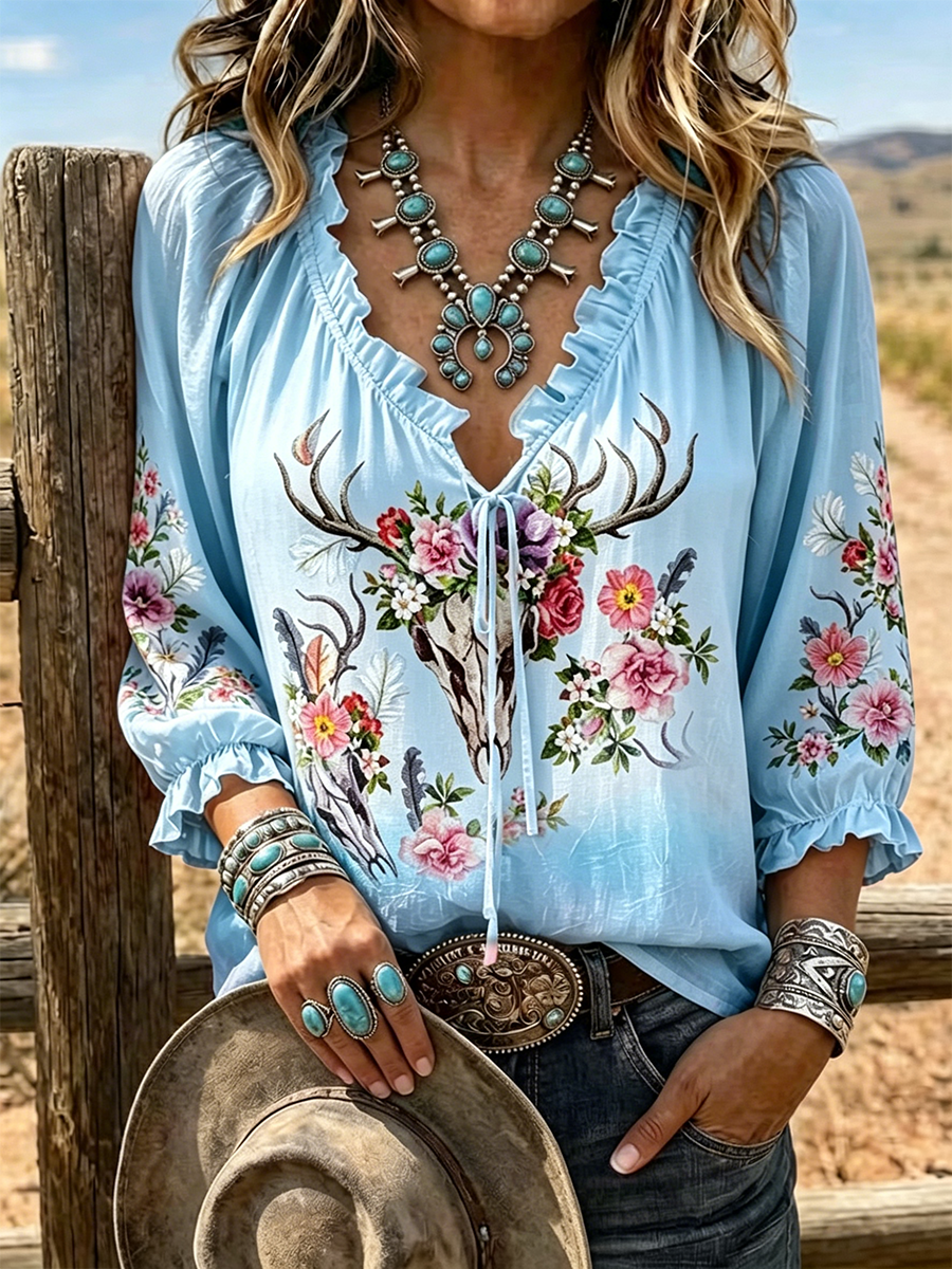 Women's Deer Skull Floral Print Ruffle V Neck 3/4 Sleeve Western Boho Blouse