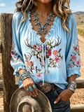 Women's Deer Skull Floral Print Ruffle V Neck 3/4 Sleeve Western Boho Blouse