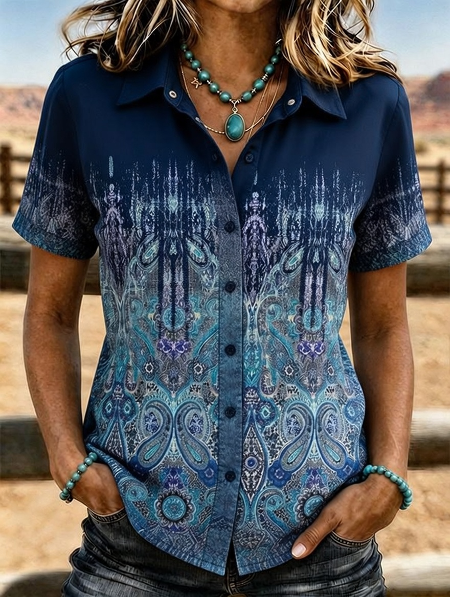 Women's Ombre Paisley Short Sleeve Western Button Down Shirt