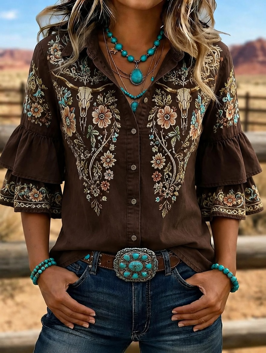 Women's Western Bull Skull Embroidered Ruffle Sleeve Shirt