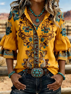 Women's Western Floral Embroidered Denim Bell Sleeve Shirt