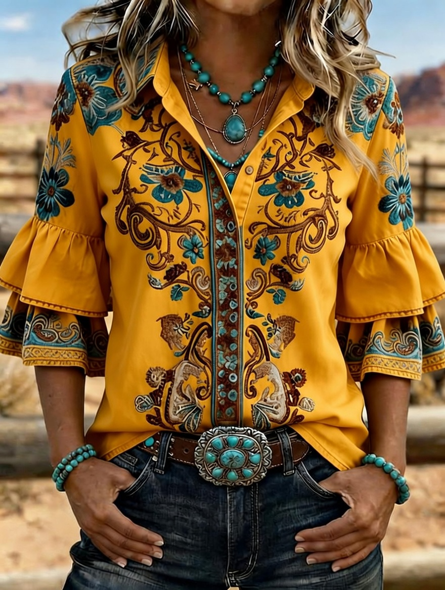 Women's Western Floral Embroidered Denim Bell Sleeve Shirt