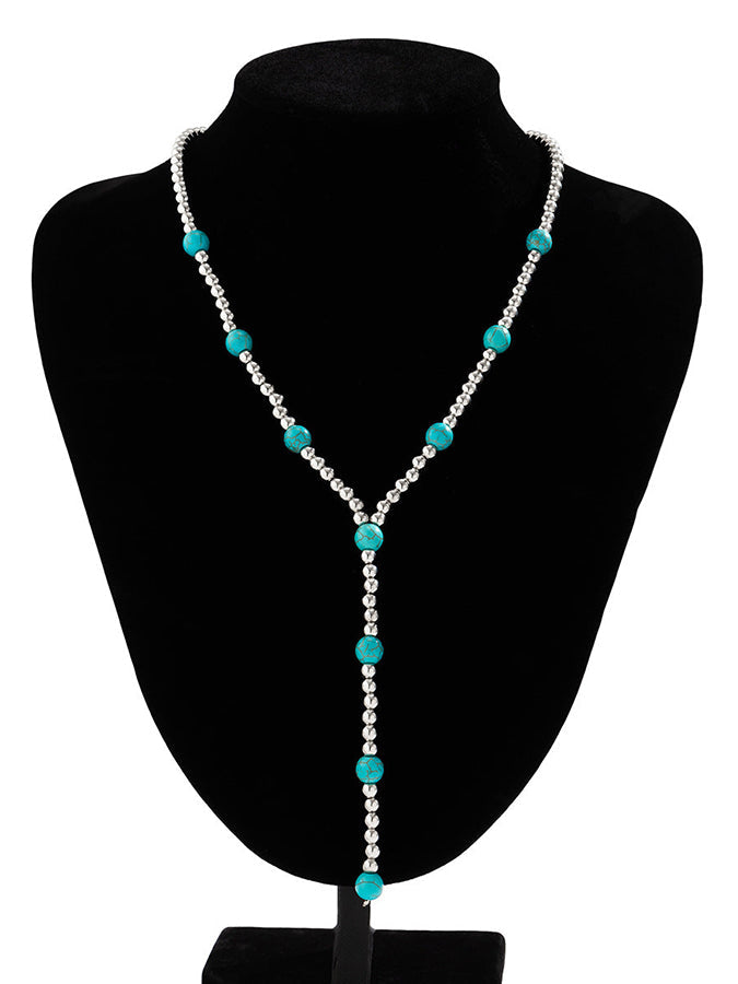 Turquoise Beaded Long Tassel Necklace