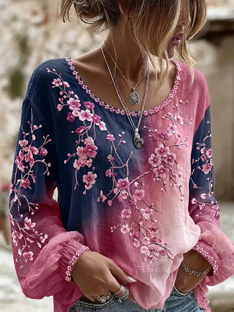 Women's printed round neck cotton and linen shirt