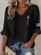 Women'S 250Th Anniversary Flag Cross Commemorative Print V-Neck