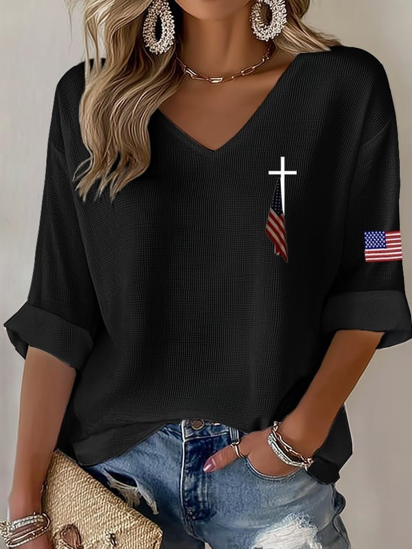 Women'S 250Th Anniversary Flag Cross Commemorative Print V-Neck